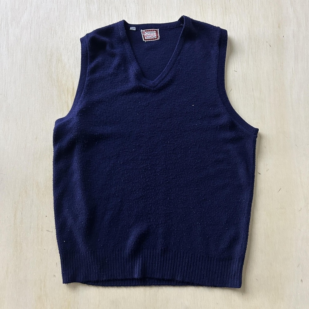 Vintage Sweater Vest Mens Large Blue V Neck Tight Knit Orlon Acrylic Pullover